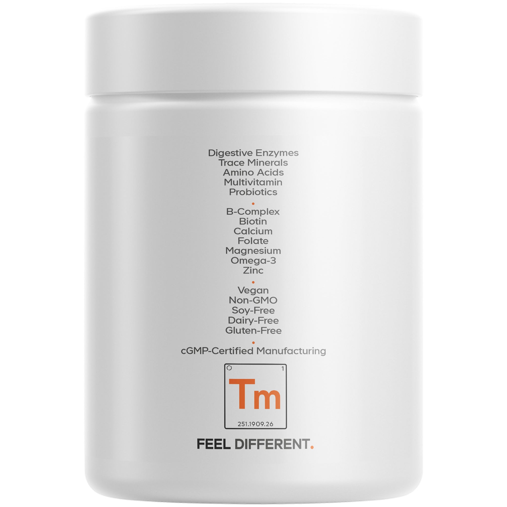 A white container labeled with various health supplement ingredients, including digestive enzymes, vitamins, and minerals, highlighting features like vegan, non-GMO, and gluten-free certifications.