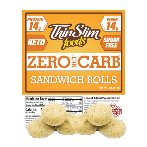 A package of ThinSlim Foods Zero Net Carb Sandwich Rolls features an orange label highlighting 14g of protein and fiber, with six small sandwich rolls displayed in front and nutrition facts on the side.