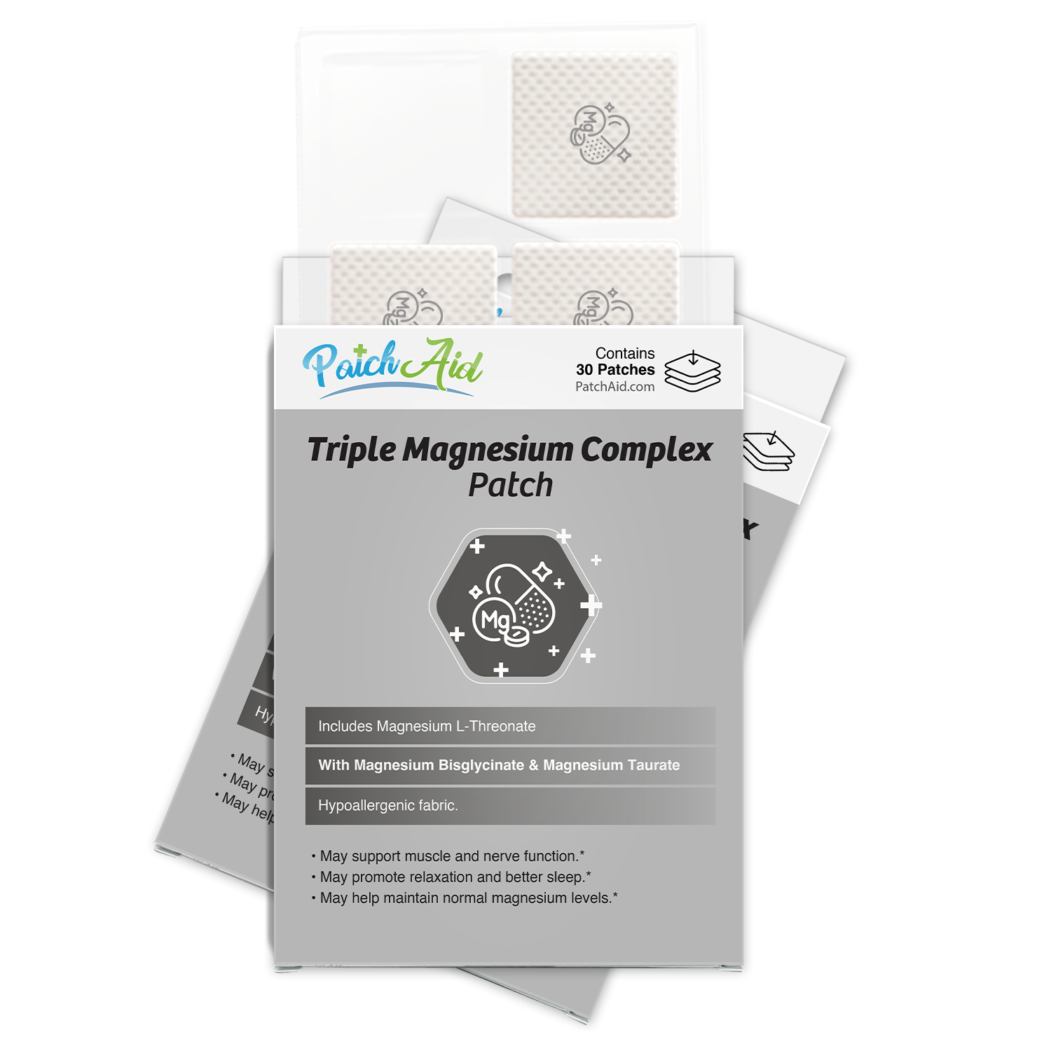 A package of Triple Magnesium Complex patches is displayed, featuring a sleek design with information about the product's benefits and ingredients, including Magnesium L-Threonate, Bisglycinate, and Taurate.