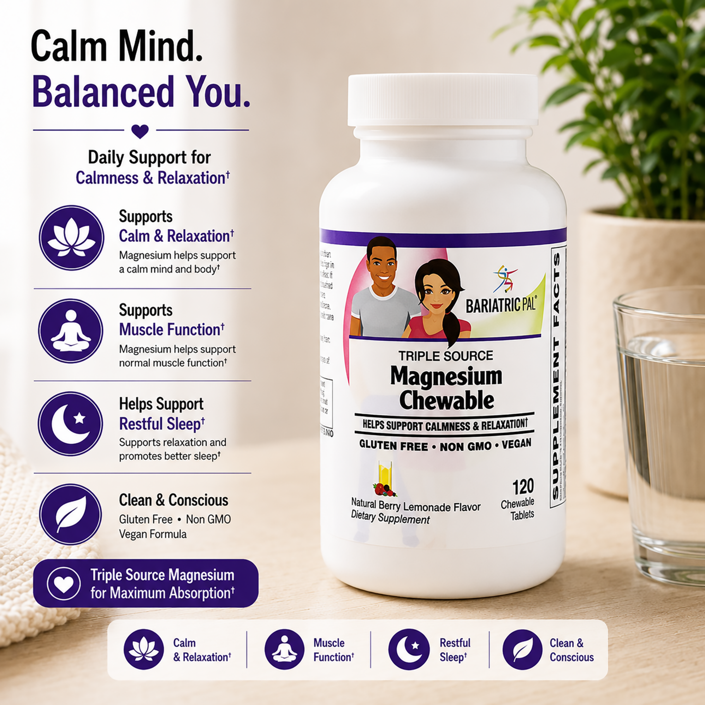 A white bottle of "Triple Source Magnesium Chewable" dietary supplement is displayed on a light surface, surrounded by a glass of water and a plant, highlighting benefits for calmness, muscle function, and restful sleep.