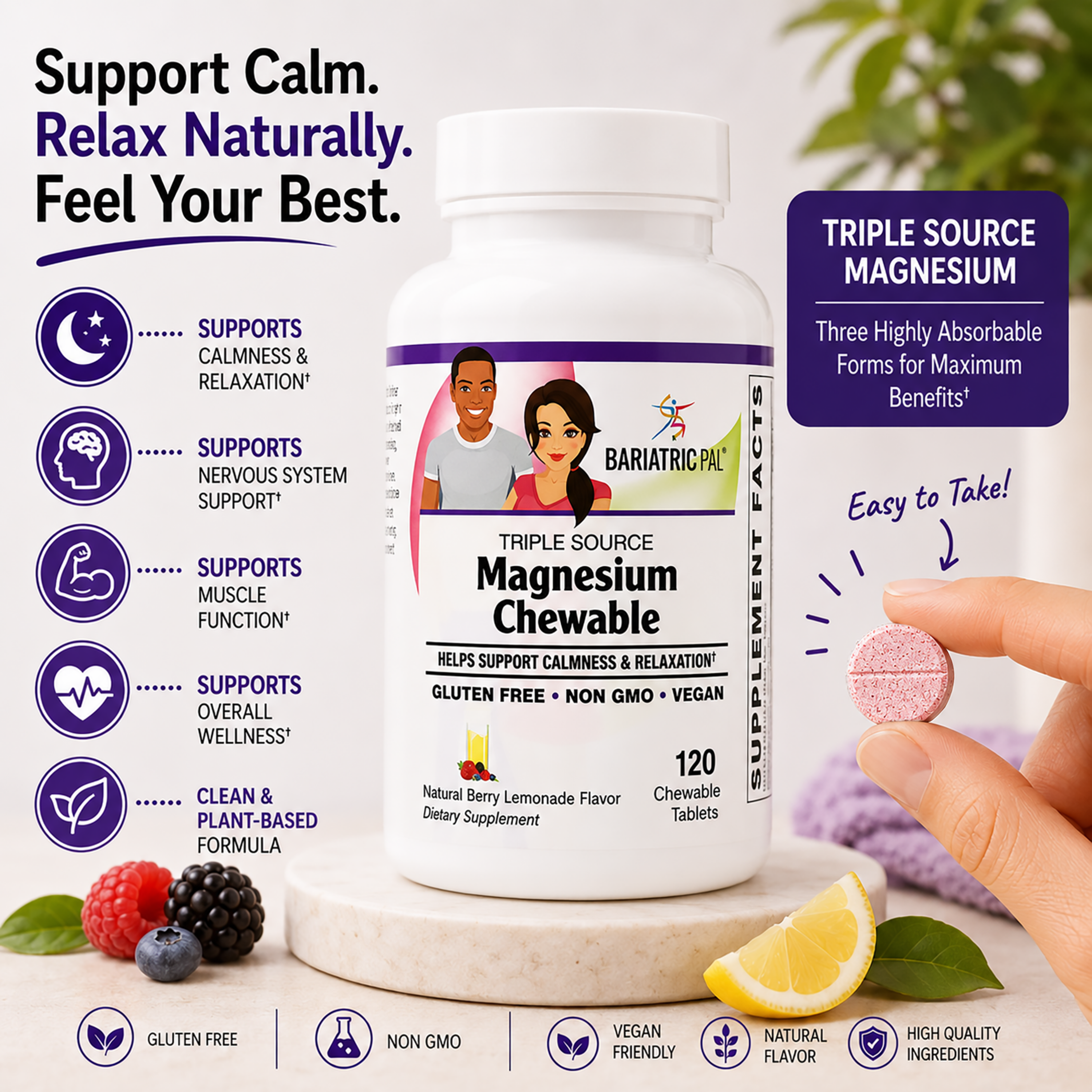 A bottle of Bariatric Pal Triple Source Magnesium Chewable tablets is displayed with a hand holding a pink chewable tablet, surrounded by berries and lemon, emphasizing relaxation and wellness benefits.