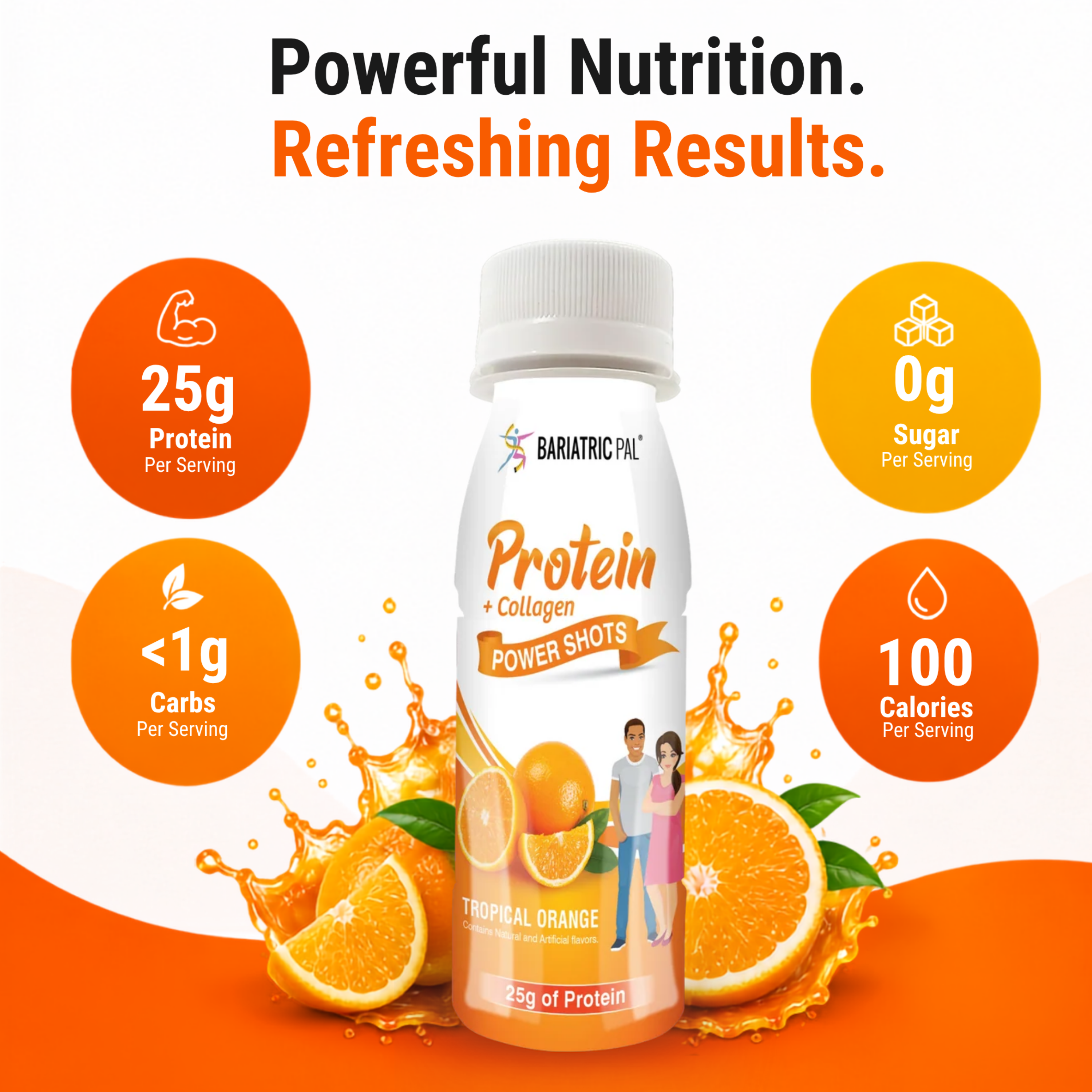 BariatricPal Tropical Orange Protein + Collagen Power Shot with 25 grams of protein in a 3-fluid-ounce bottle.