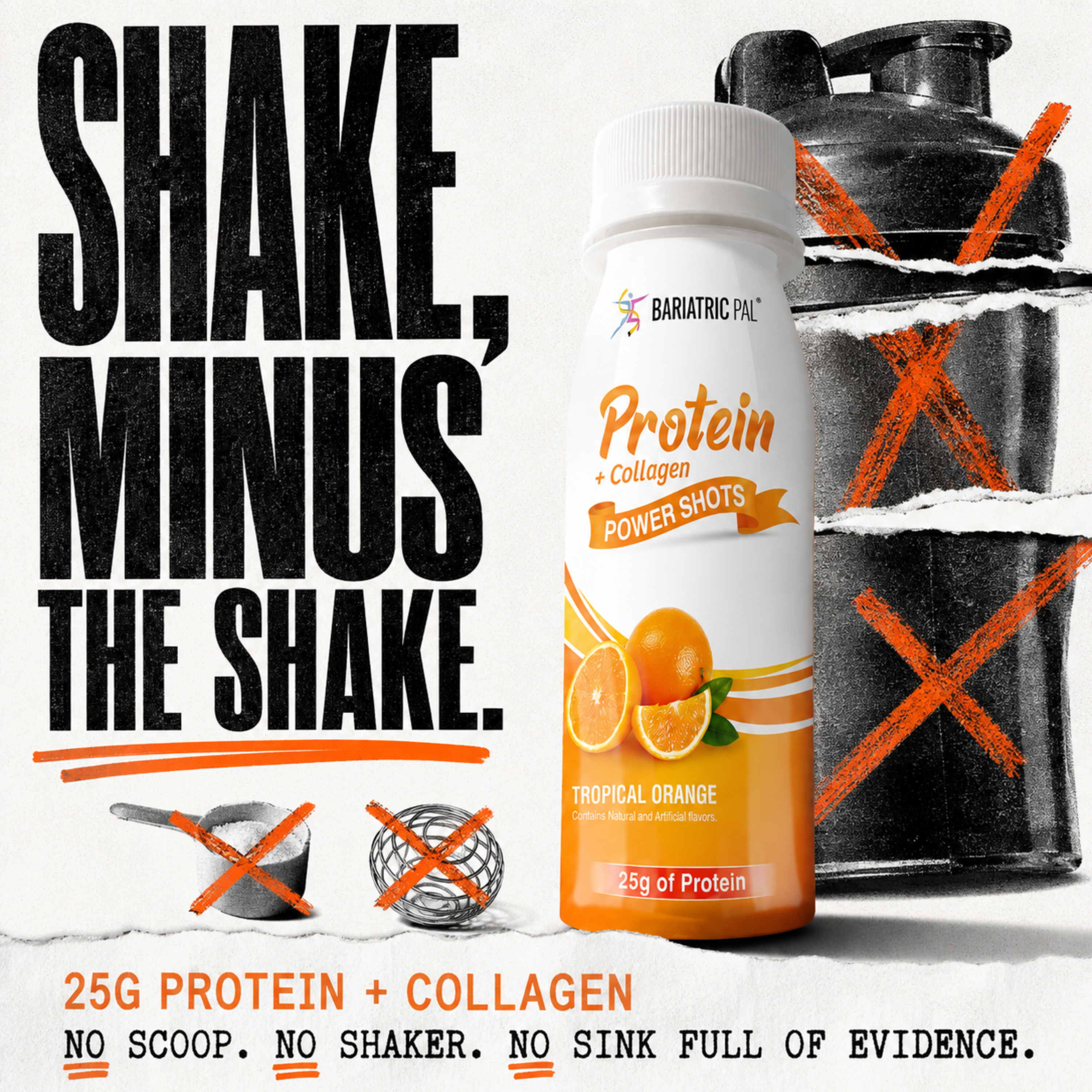 BariatricPal Tropical Orange Protein + Collagen Power Shot with 25 grams of protein in a 3-fluid-ounce bottle.