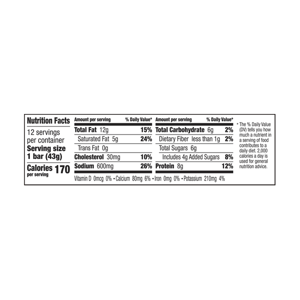 Nutrition facts label for a snack bar, detailing servings, calories, and nutrient content, including total fat, carbohydrates, sugars, sodium, and protein per serving.