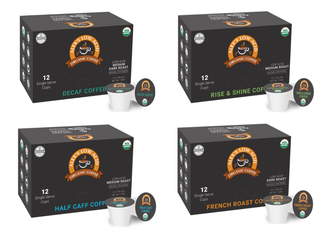 Four boxes of Alex's Low Acid Organic Coffee are displayed, featuring Decaf, Rise & Shine, Half Caff, and French Roast varieties, each containing 12 single-serve cups.