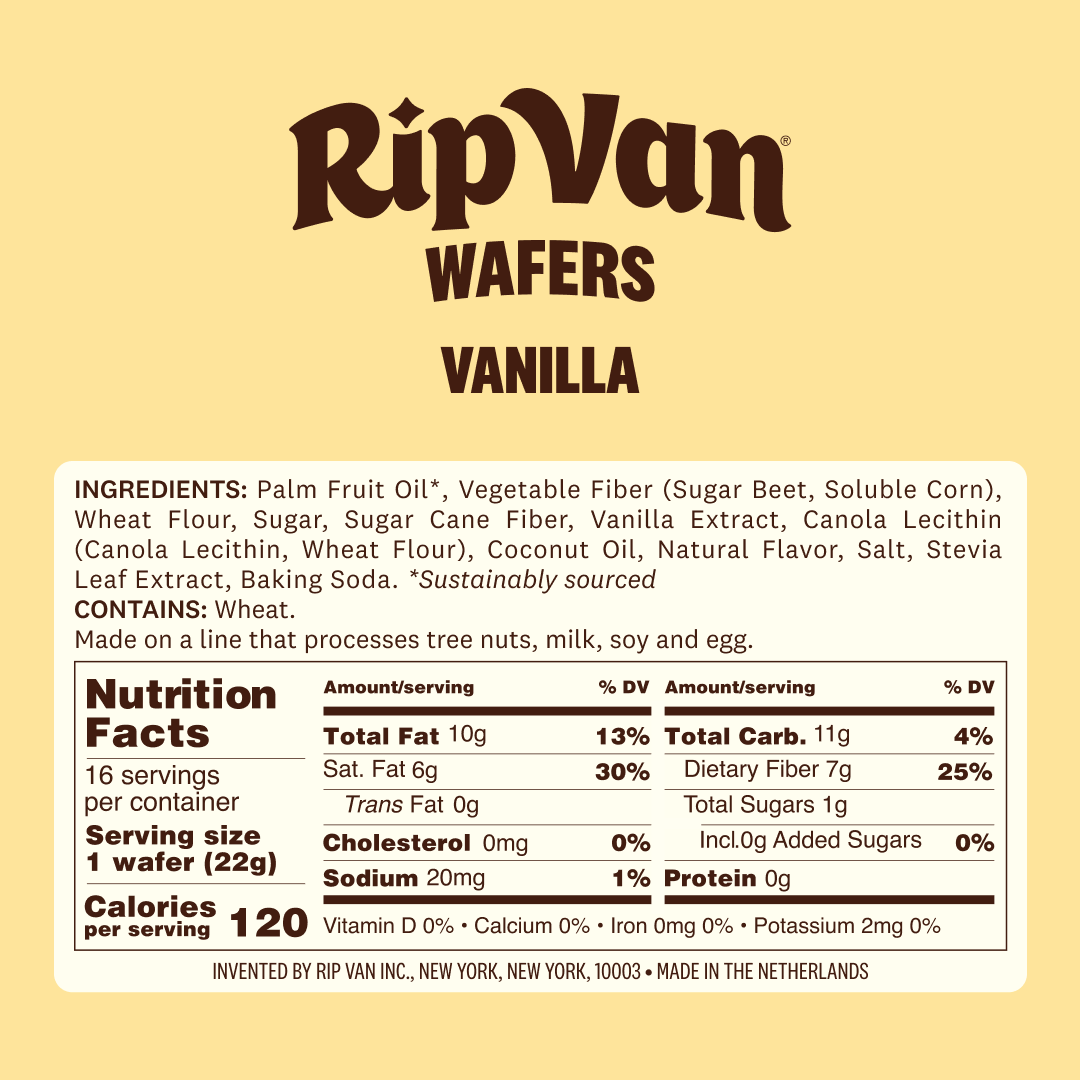 A beige label features the title "Rip Van Wafers Vanilla," lists ingredients and nutrition facts, and notes that the product contains wheat and is made in the Netherlands.