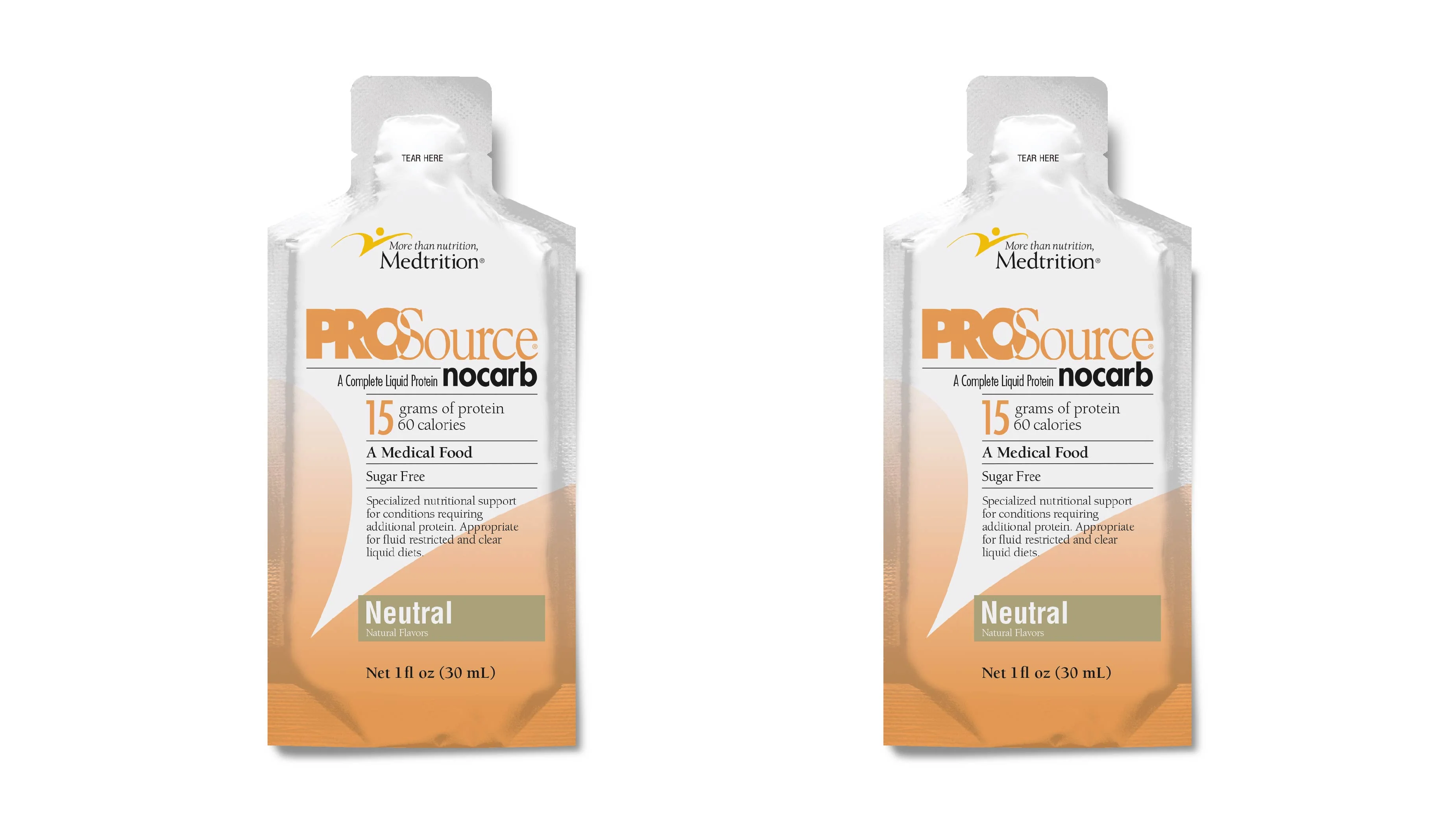 Two identical pouches of PROSource nocarb liquid protein, each containing 15 grams of protein and 60 calories, labeled as a sugar-free medical food suitable for fluid-restricted diets.
