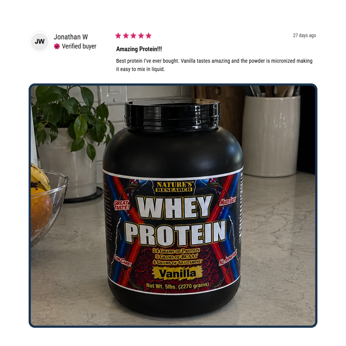 Nature’s Research Whey Protein delivers 24g of protein for 120 calories per scoop, with just 3g of carbs and 1g of sugar.