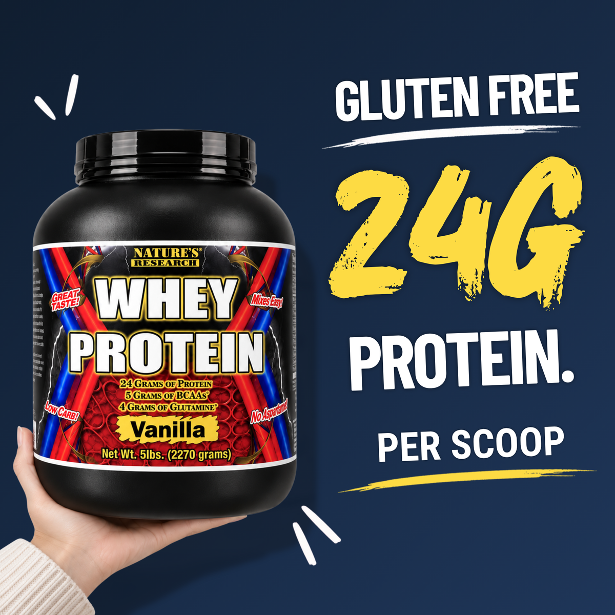 Nature’s Research Whey Protein delivers 24g of protein for 120 calories per scoop, with just 3g of carbs and 1g of sugar.