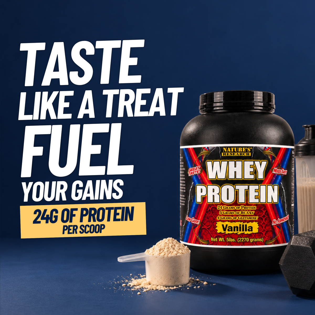 Nature’s Research Whey Protein delivers 24g of protein for 120 calories per scoop, with just 3g of carbs and 1g of sugar.