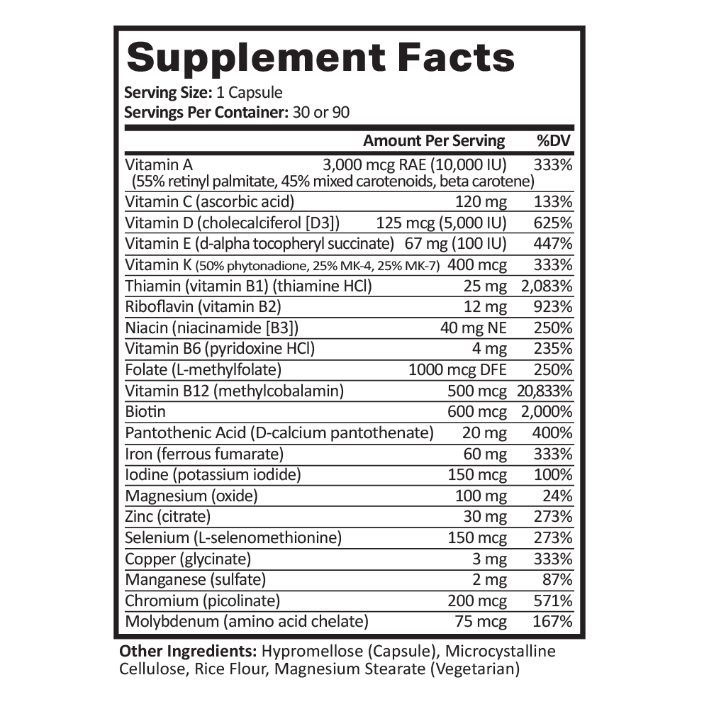 A detailed supplement facts label lists various vitamins and minerals, their amounts per serving, and the percentage of daily value, formatted for clarity and nutritional information.