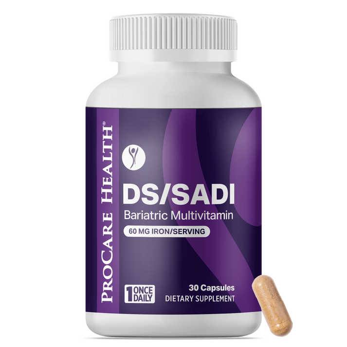 A white bottle labeled "DS/SADI Bariatric Multivitamin" contains 30 capsules, with a single capsule placed beside it, emphasizing its iron content and daily serving suggestion.