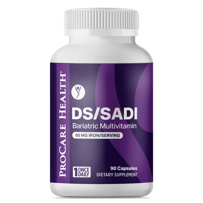 A white bottle of ProCare Health DS/SADI Bariatric Multivitamin contains 90 capsules, labeled with "60 MG Iron/Serving" and "Once Daily" in bold text against a purple background.