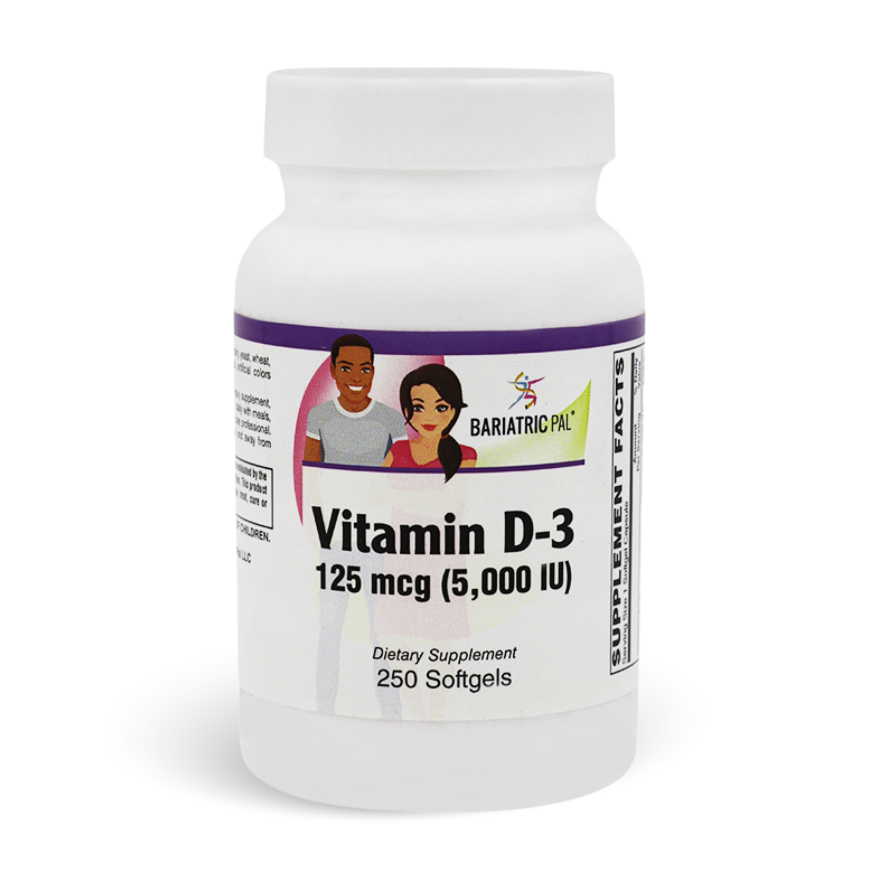 A white plastic bottle of Bariatric Pain Vitamin D-3 dietary supplement, 125 mcg (5,000 IU), containing 250 softgels.