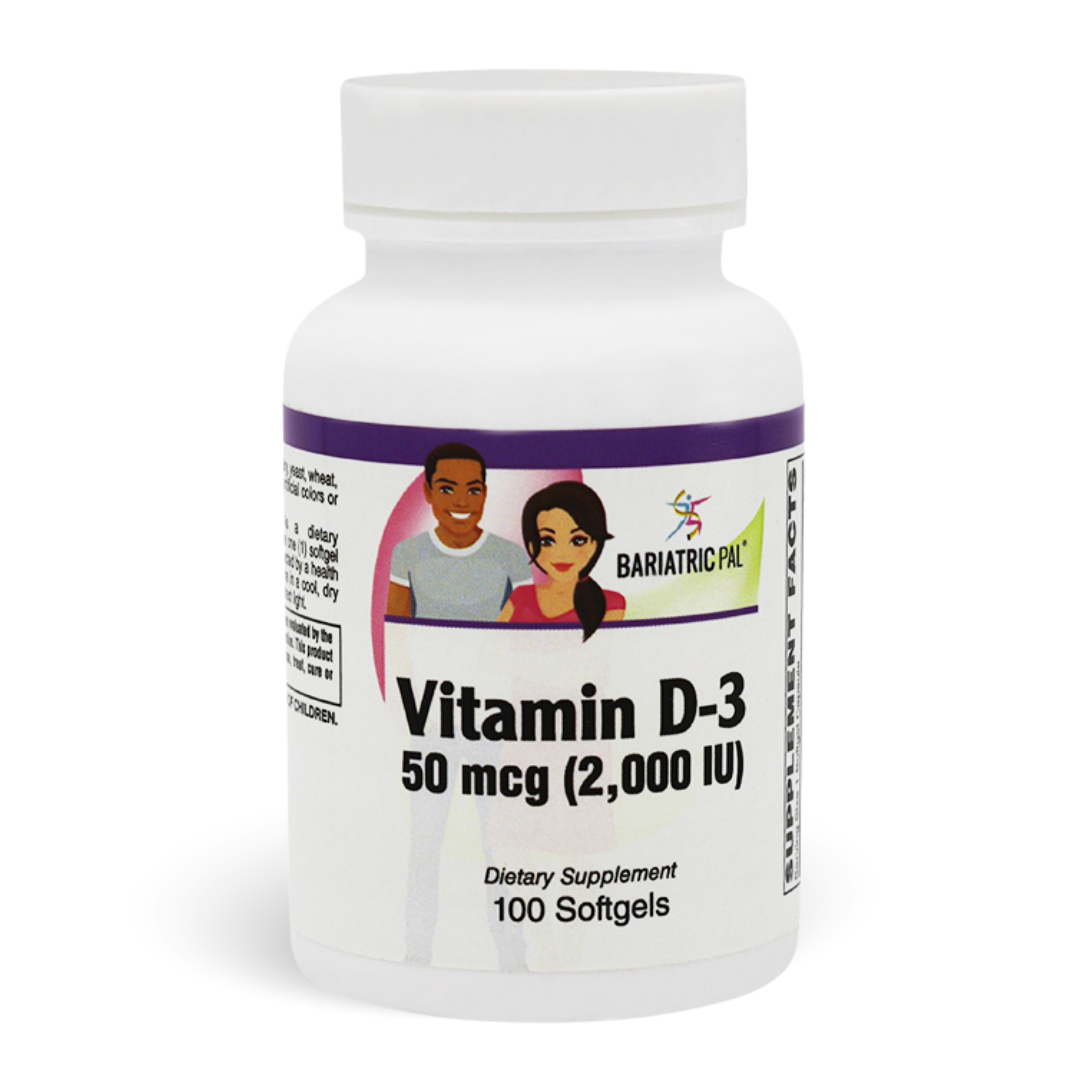 A white plastic bottle of BariatricPal Vitamin D-3 dietary supplement, 50 mcg (2,000 IU), containing 100 softgels.