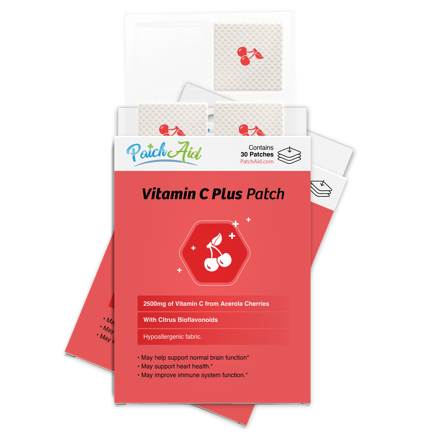 A box of Vitamin C Plus patches features a bright red design with cherry graphics, highlighting benefits like immune support and brain function, and contains 30 patches made from hypoallergenic fabric.