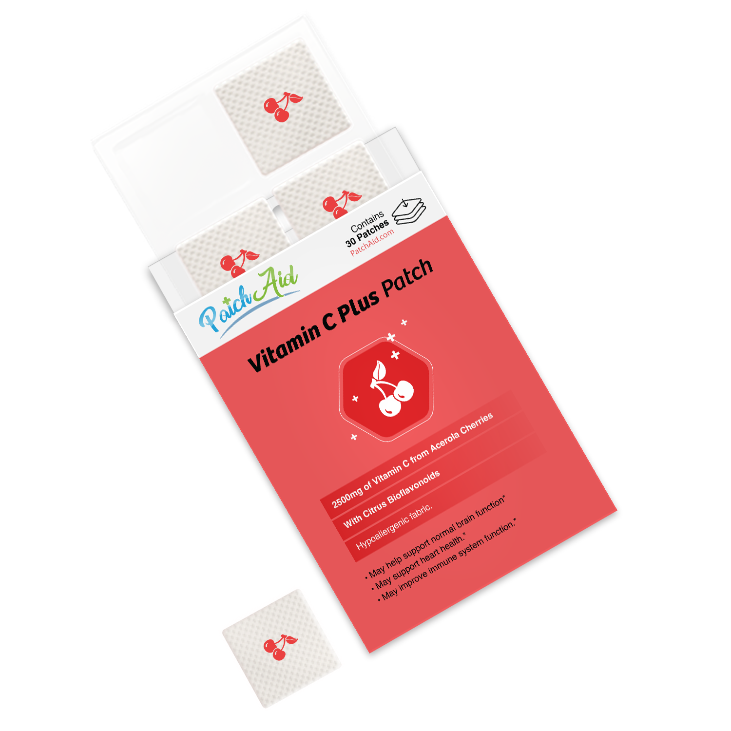 A red packaging of Vitamin C Plus Patches is displayed, showing an open box with two patches visible, featuring cherry graphics and text highlighting benefits and ingredients.