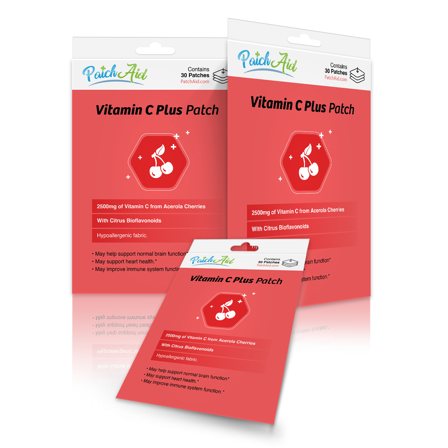 Three packages of Vitamin C Plus patches are displayed, featuring a red background, cherry graphics, and text highlighting benefits like immune support, with each package containing 30 patches.