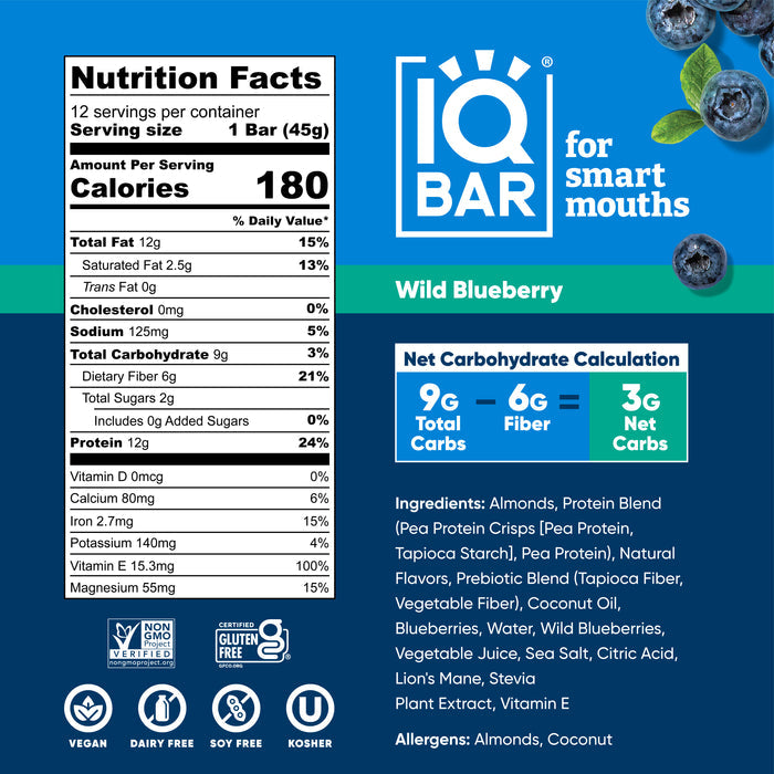 IQBar Vegan and Keto Protein Bars - Wild Blueberry - High-quality Protein Bars by IQBar at BariatricPal Store