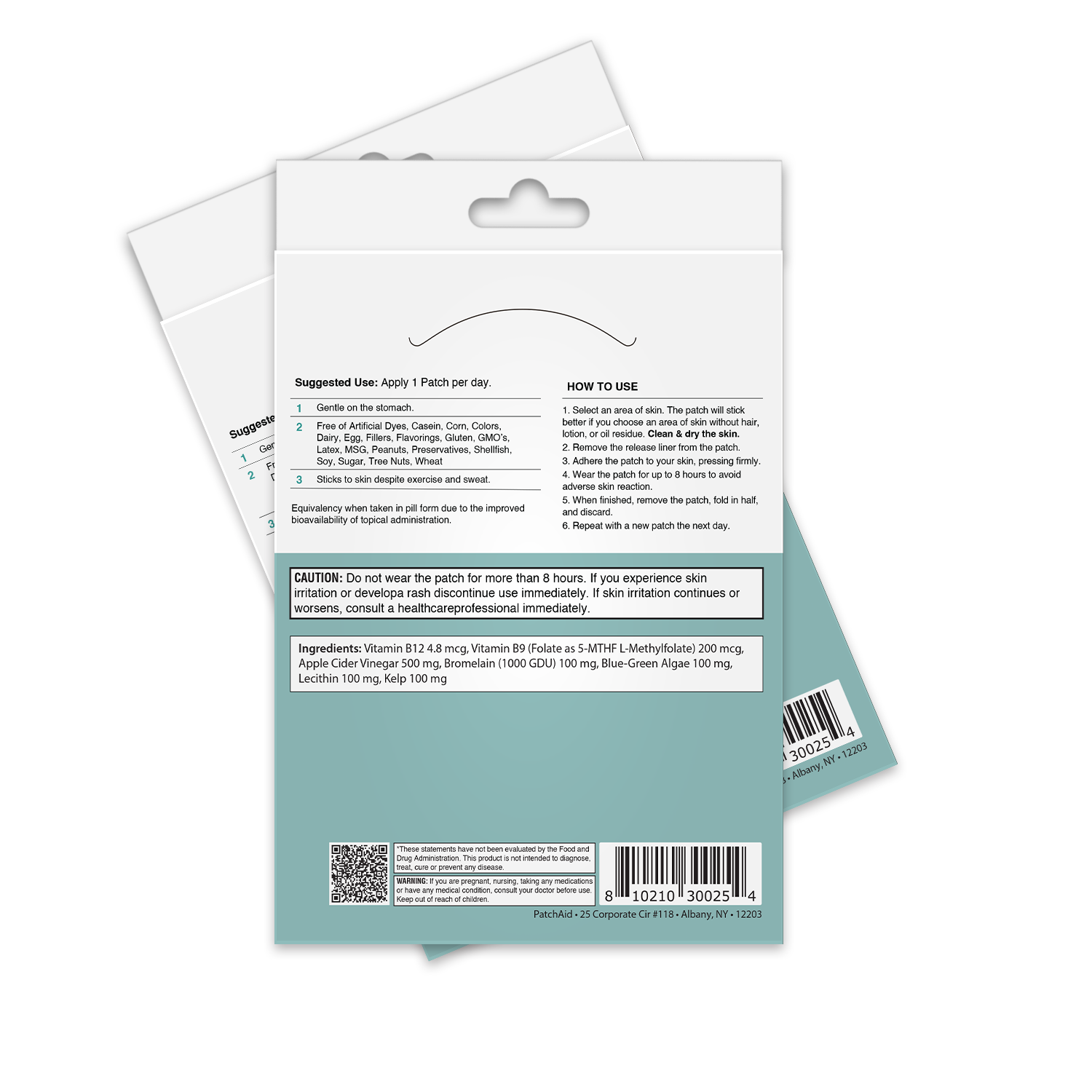 A product packaging for a skin patch, featuring usage instructions, ingredients, and cautionary notes, displayed against a neutral background.