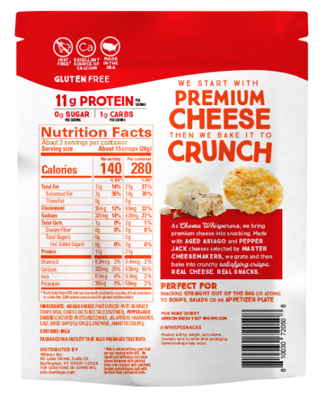 A nutrition label on a red bag of gluten-free cheese snacks highlights 11g of protein per serving, with details on calories, ingredients, and serving suggestions for enjoying the product.