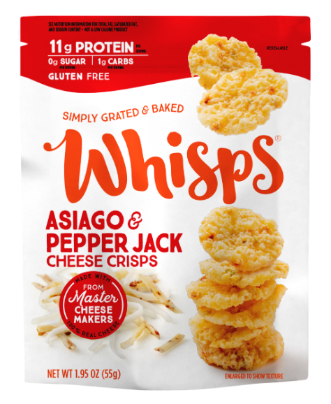 A resealable bag of Whisps Asiago & Pepper Jack Cheese Crisps features the product name prominently, with images of golden cheese crisps on the front, highlighting its gluten-free and high-protein attributes.