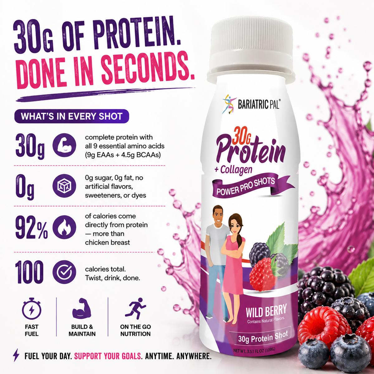BariatricPal 30g Whey & Collagen Complete Protein Power Pro Shots - Wild Berry
