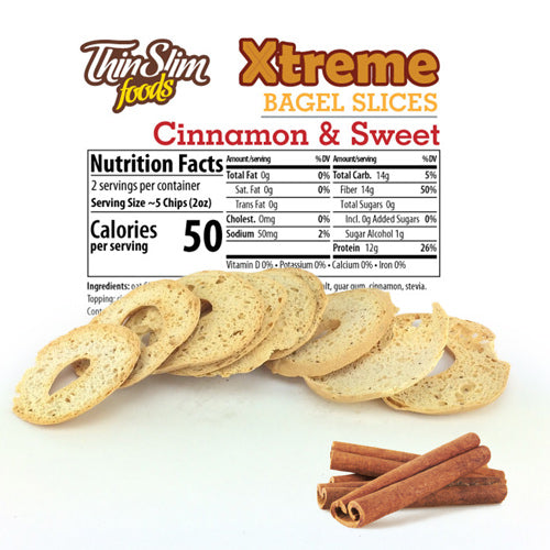 Cinnamon-flavored bagel slices are displayed in front of a nutrition facts label, showcasing the product's details and highlighting its low calorie count of 50 per serving.