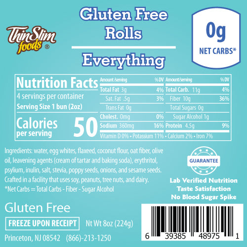 A nutrition label for Thin Slim Foods' Gluten Free Everything Rolls, detailing serving size, calories, and nutritional content, with a blue background and product guarantees.