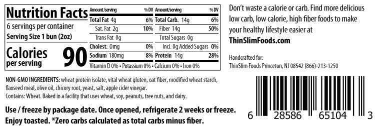 Nutrition facts label for a low-calorie, low-carb bun, detailing serving size, calories, and ingredients, with a reminder to refrigerate after opening and a website for more products.