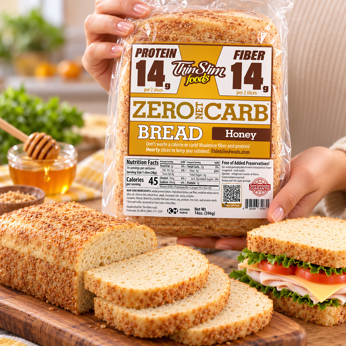 ThinSlim Foods Honey Zero Net Carb Bread with 14 grams of protein and 14 grams of fiber per two slices. 45 calories per slice.