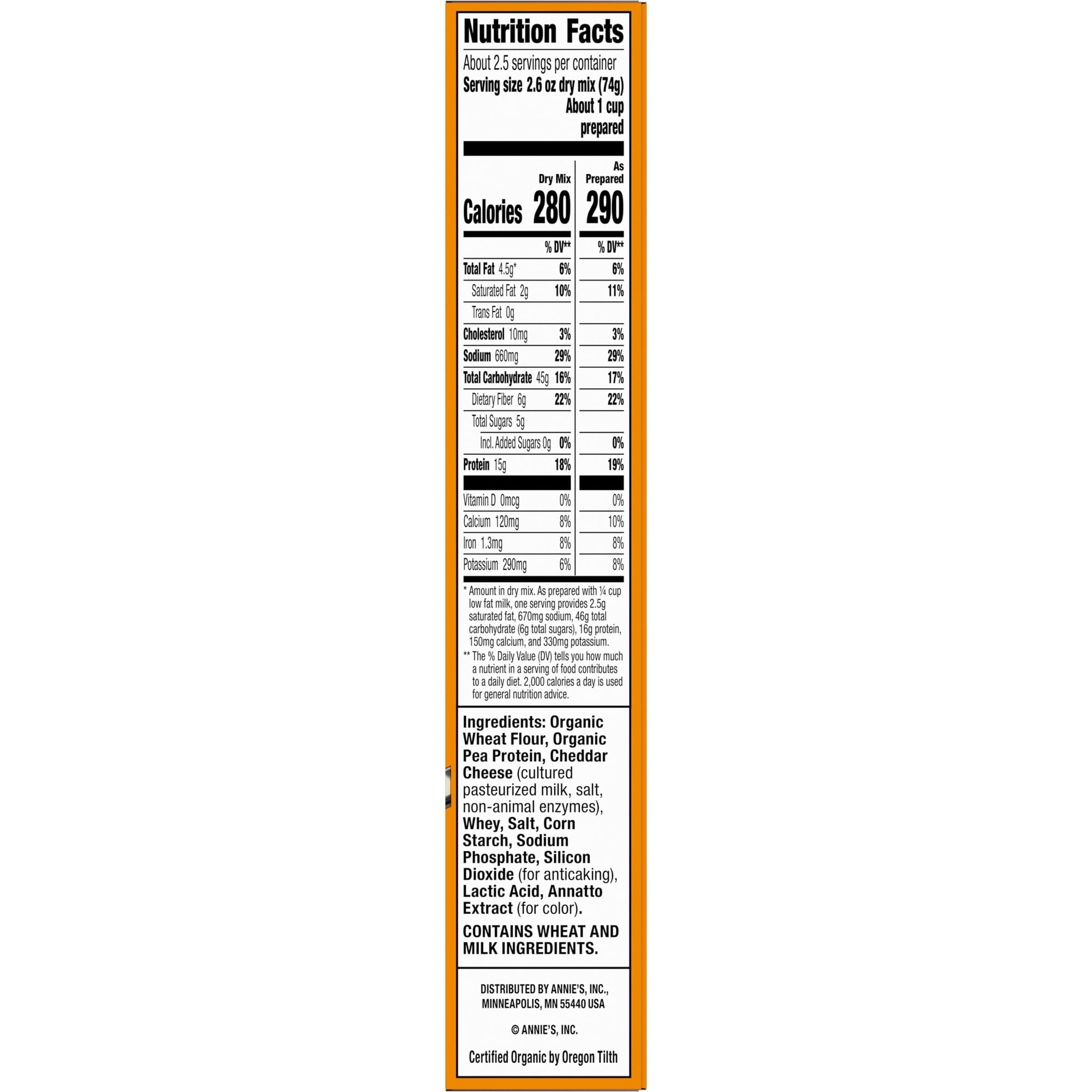 Nutrition facts label for a dry mix product, detailing serving size, calories, and nutrient content including fats, carbohydrates, protein, and ingredients, set against a bright orange background.