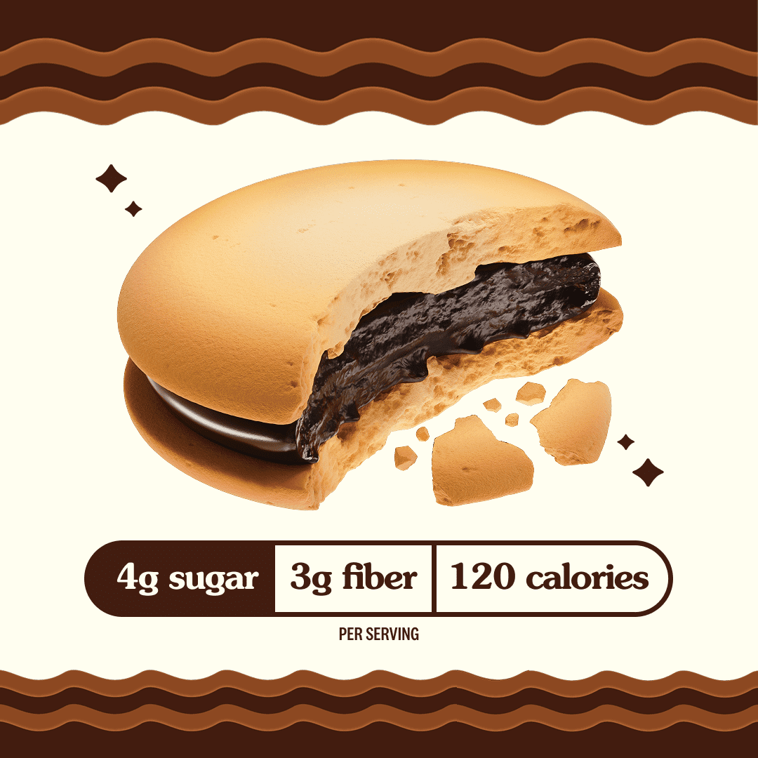 A partially bitten cookie sandwich reveals a creamy chocolate filling, with nutritional information highlighting 4g of sugar, 3g of fiber, and 120 calories per serving against a light background.