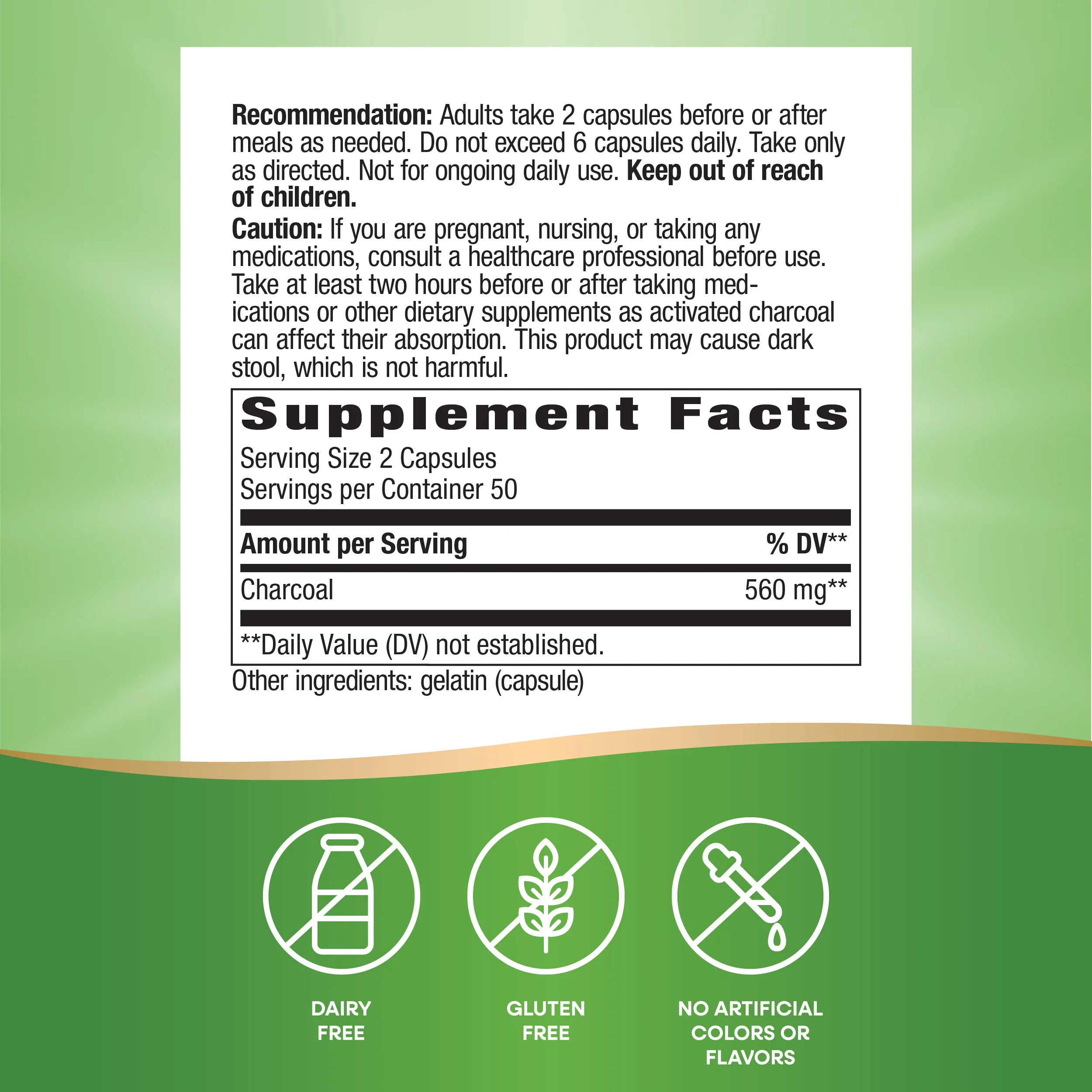 A supplement facts label details dosage instructions for charcoal capsules, including serving size, amount per serving, and dietary information, with icons indicating it's dairy-free, gluten-free, and free from artificial additives.