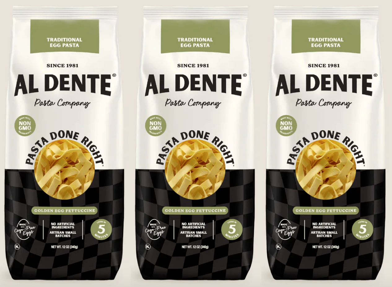 Three packages of Al Dente Traditional Egg Pasta are displayed, featuring the text "Pasta Done Right" and details about the golden egg fettuccine, including cooking time and non-GMO certification.