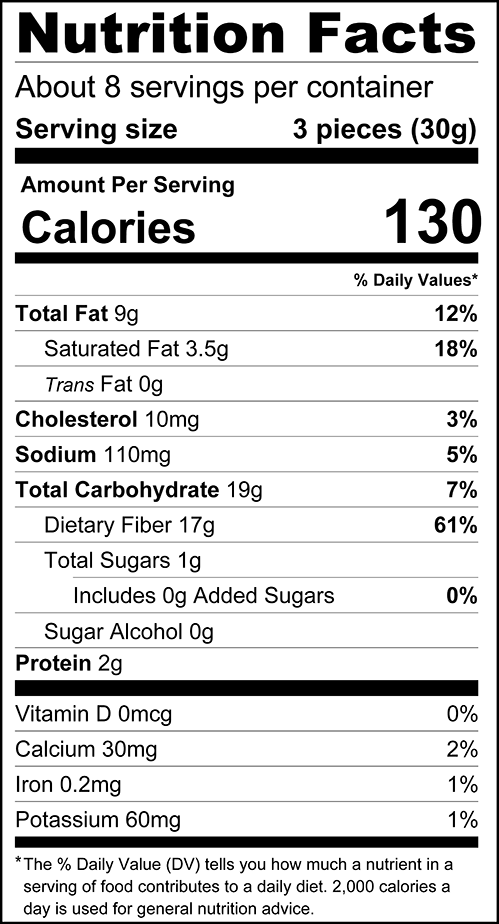 Nutrition facts label displaying serving size, calories, and detailed nutrient information, including fats, carbohydrates, sugars, and vitamins, for a food product with about eight servings per container.