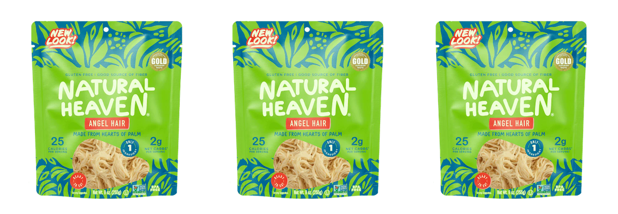 Three packages of Natural Heaven Angel Hair pasta are displayed, featuring vibrant green packaging with tropical designs, highlighting its gluten-free, low-calorie, and high-fiber attributes.