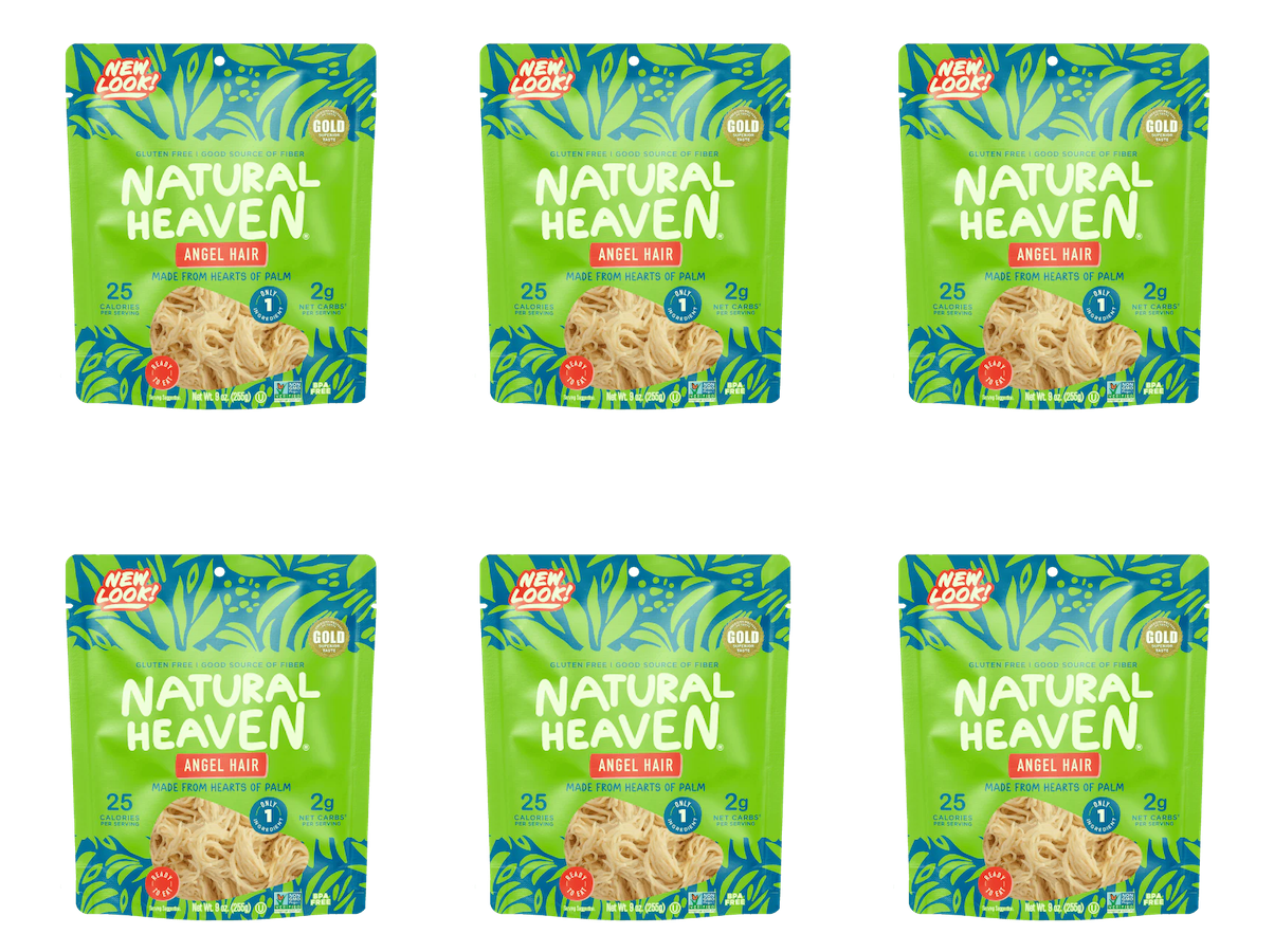 Six packages of Natural Heaven Angel Hair pasta are displayed in two rows, featuring a vibrant green design with tropical leaves, highlighting its gluten-free and low-calorie attributes.