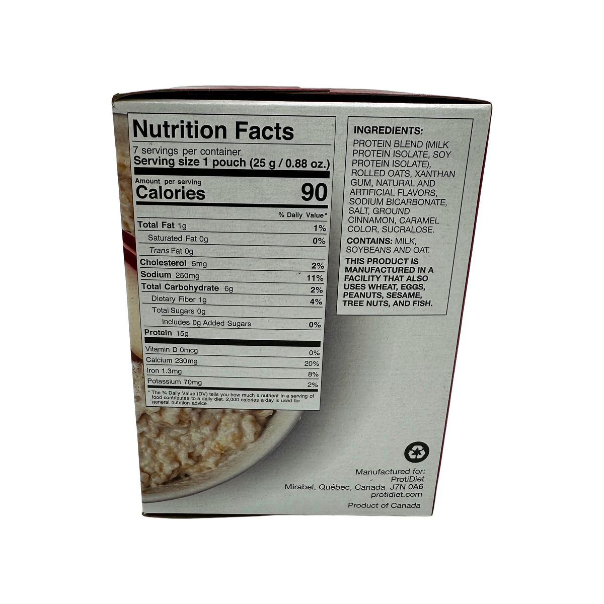 A nutrition facts label on a product box shows serving size, calories, and detailed ingredient information, with a close-up of oatmeal in a bowl at the bottom.