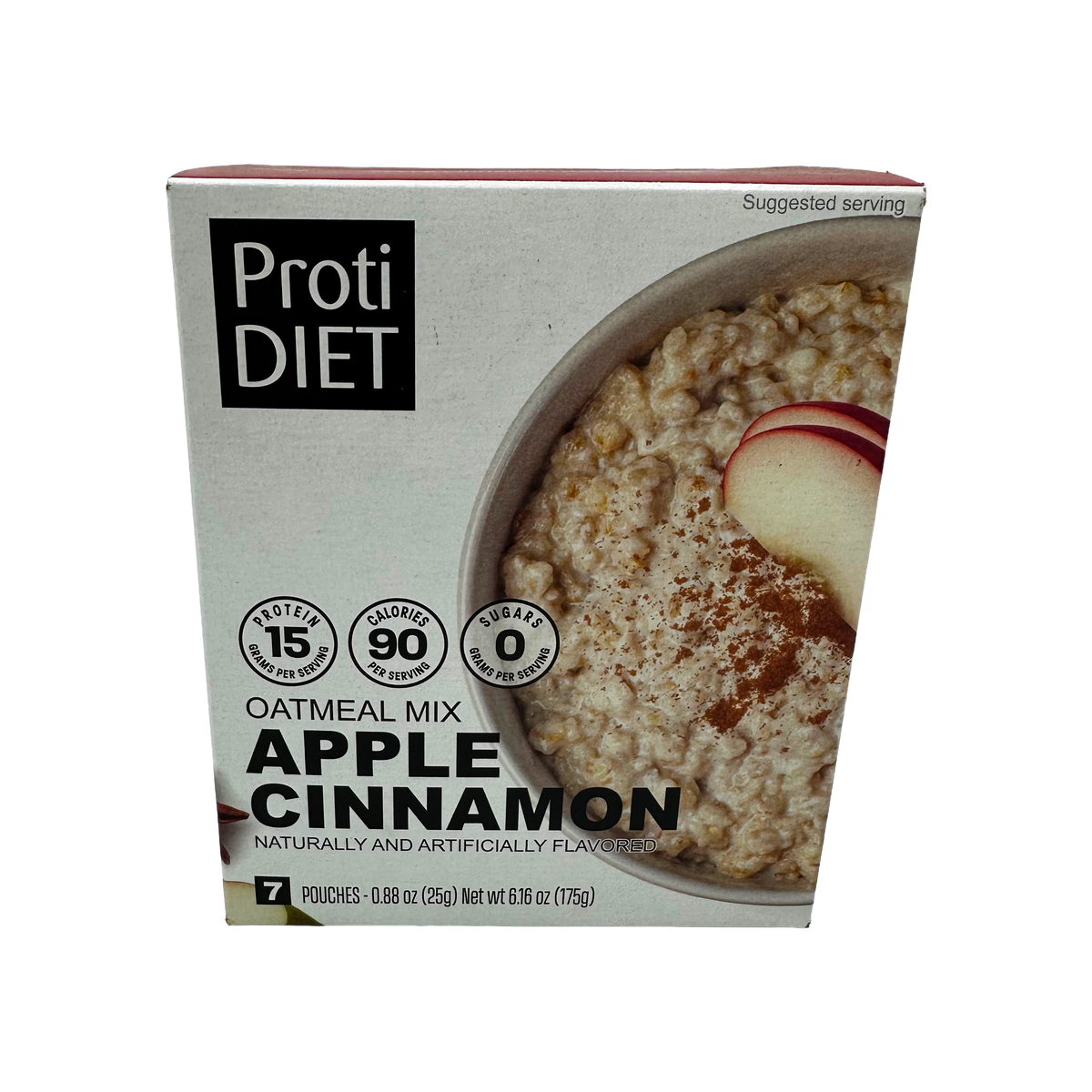 A box of ProtiDIET Apple Cinnamon oatmeal mix displays a bowl of oatmeal topped with apple slices and cinnamon, highlighting nutritional information and serving suggestions.
