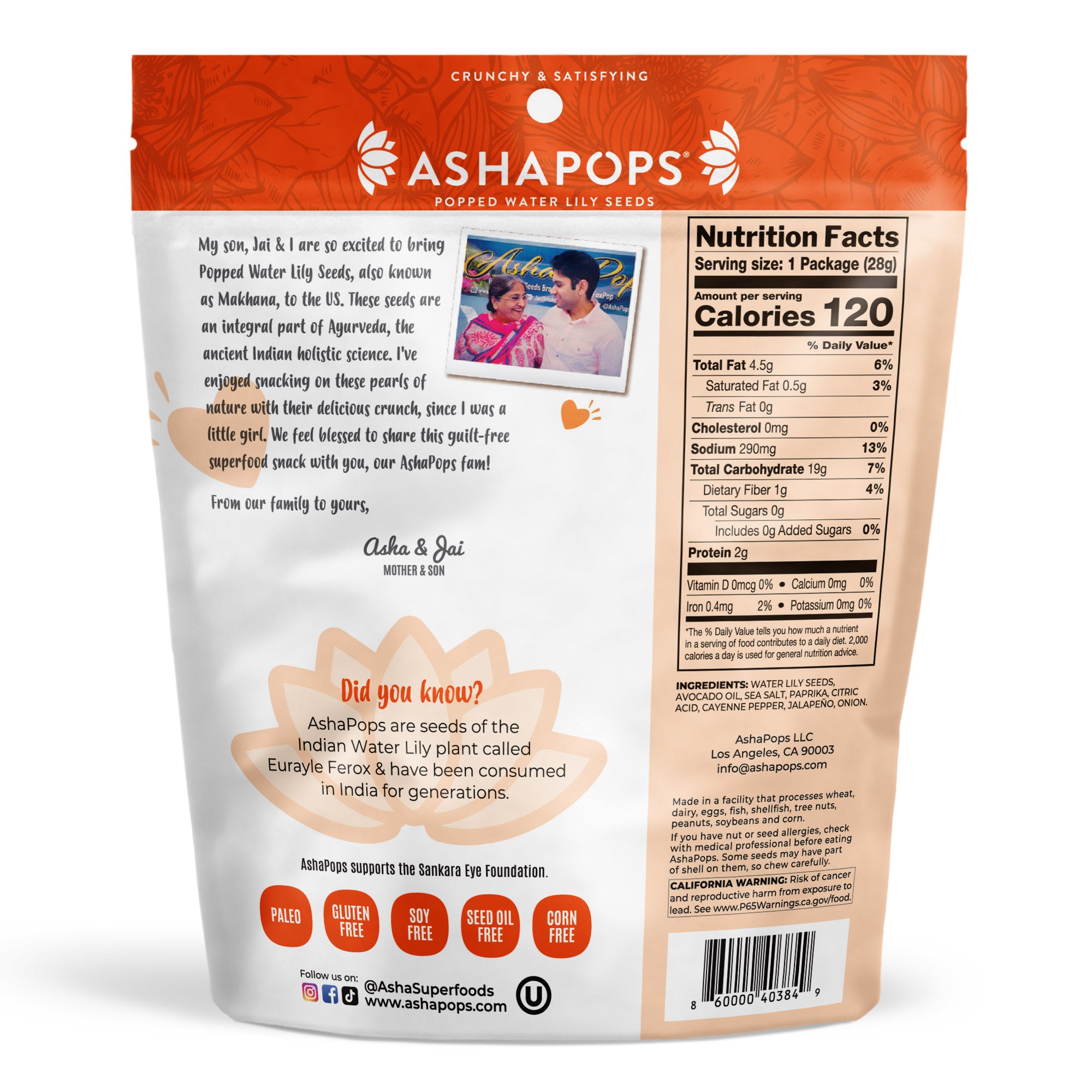 A bag of Ashapops popped water lily seeds features a photo of a mother and son, along with nutritional information and a note about the product's cultural significance and health benefits.