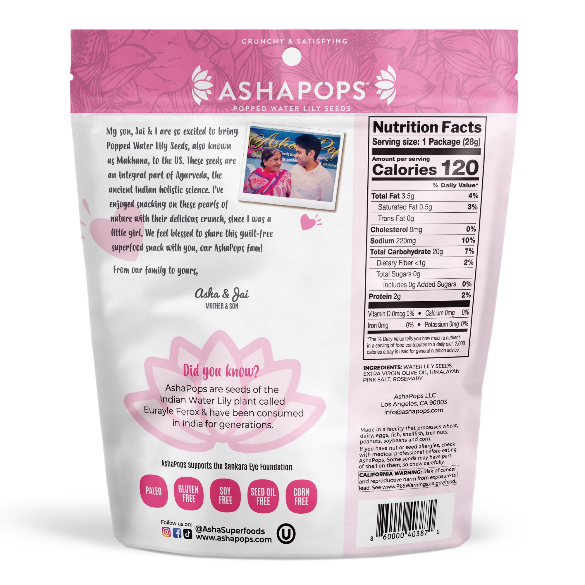 A colorful packaging for Ashapops Popped Water Lily Seeds features a photo of a mother and son, with nutritional information and a note about the product's origins and health benefits.