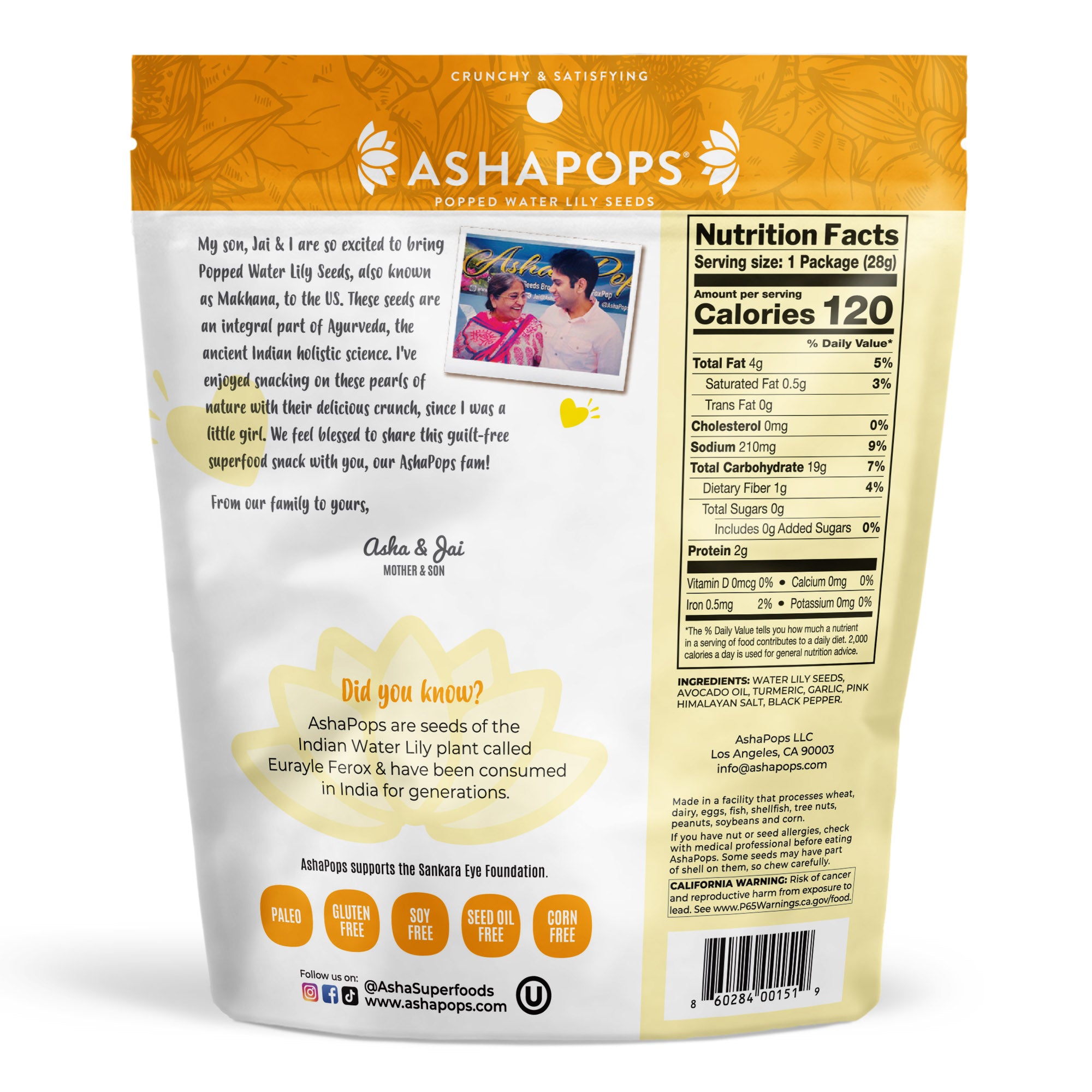 A colorful bag of Ashapops popped water lily seeds features a heartfelt message from a mother and son, with nutritional facts and a photo of them, highlighting the product's cultural significance and health benefits.