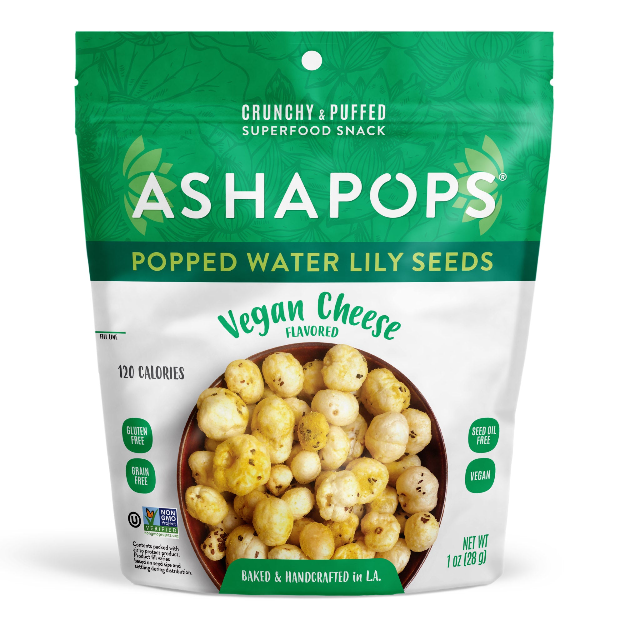 A colorful bag of ASHA POPS Popped Water Lily Seeds featuring a bowl of crunchy, vegan cheese-flavored snacks, highlighting its gluten-free and non-GMO attributes.
