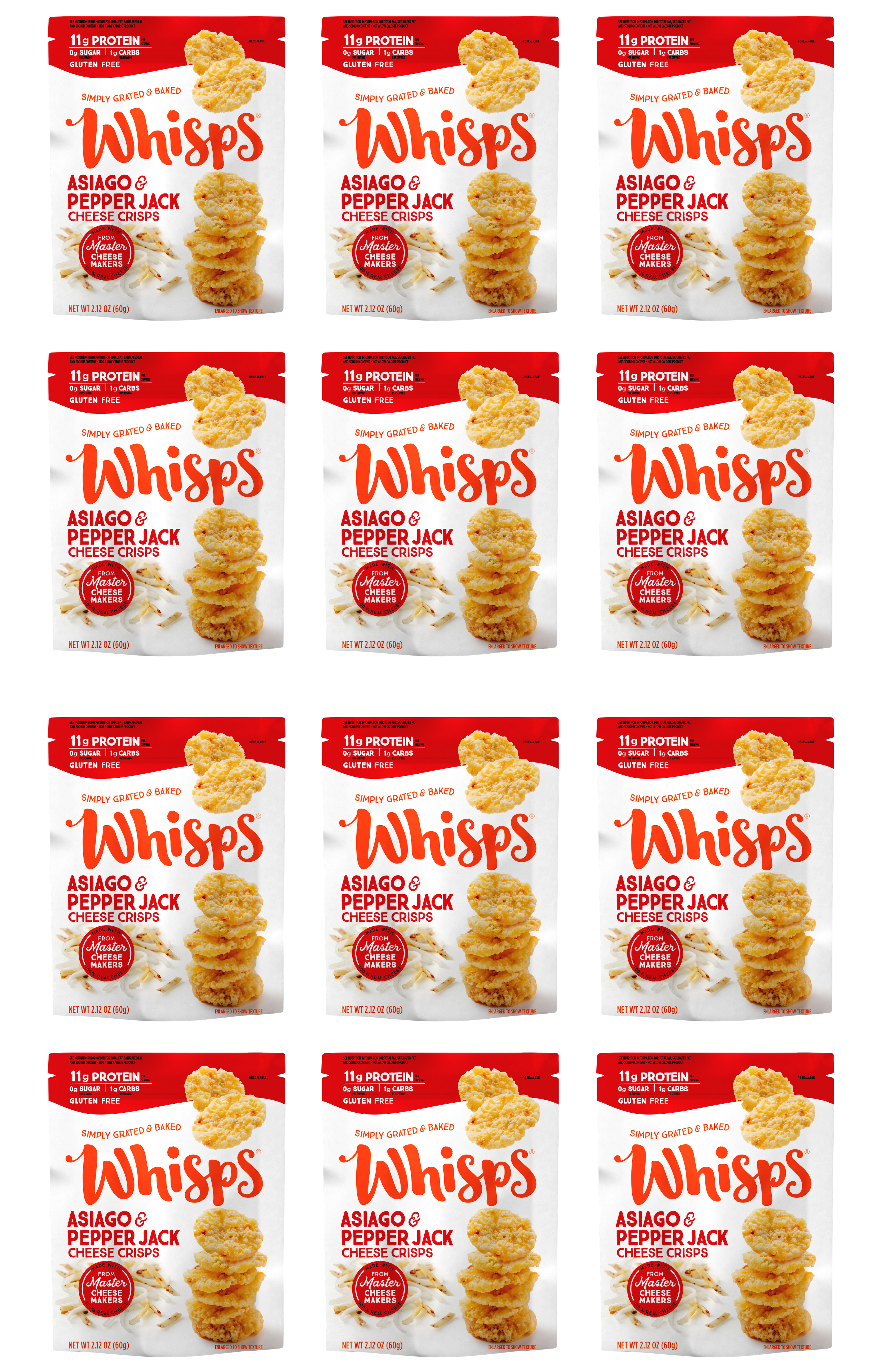 Twelve packages of Whisps cheese crisps are arranged in a grid, featuring the flavors Asiago and Pepper Jack, with nutritional information highlighting 11g of protein and gluten-free labeling.