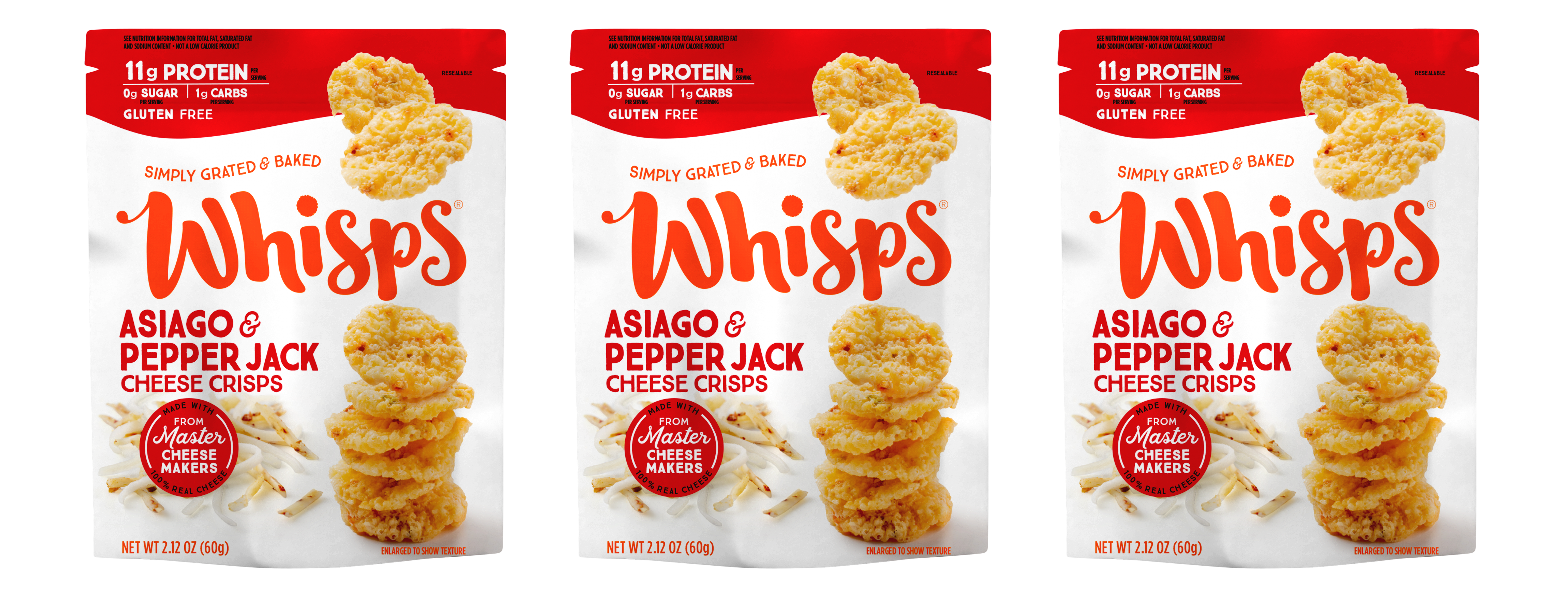 Whisps Asiago & Pepper Jack cheese crisps, gluten-free, featuring a crunchy texture, with 11g protein per serving, packaged in a resealable 2.12 oz bag.