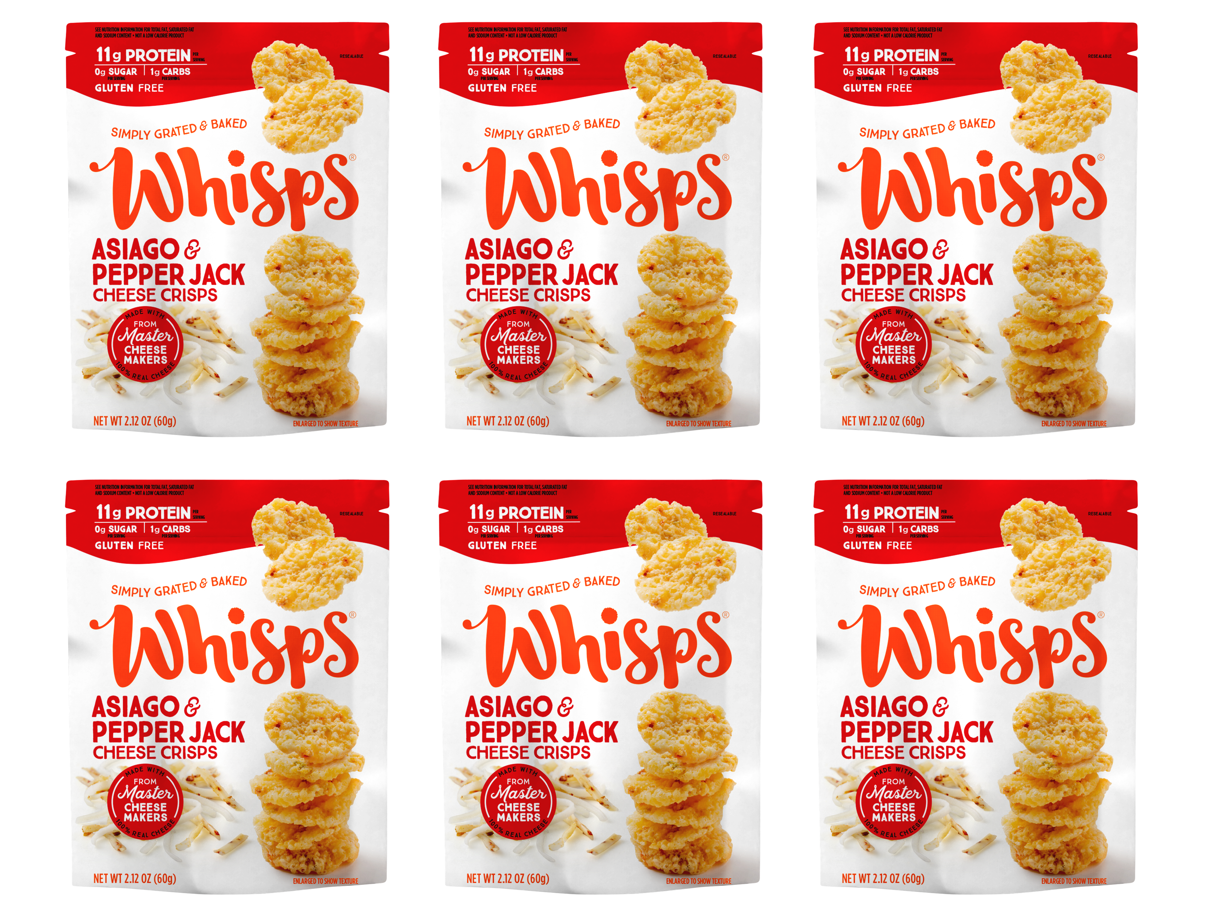 Six bags of Whisps Asiago & Pepper Jack Cheese Crisps are displayed, each featuring a yellow cheese crisp on the front, highlighting the product's protein content and gluten-free label.