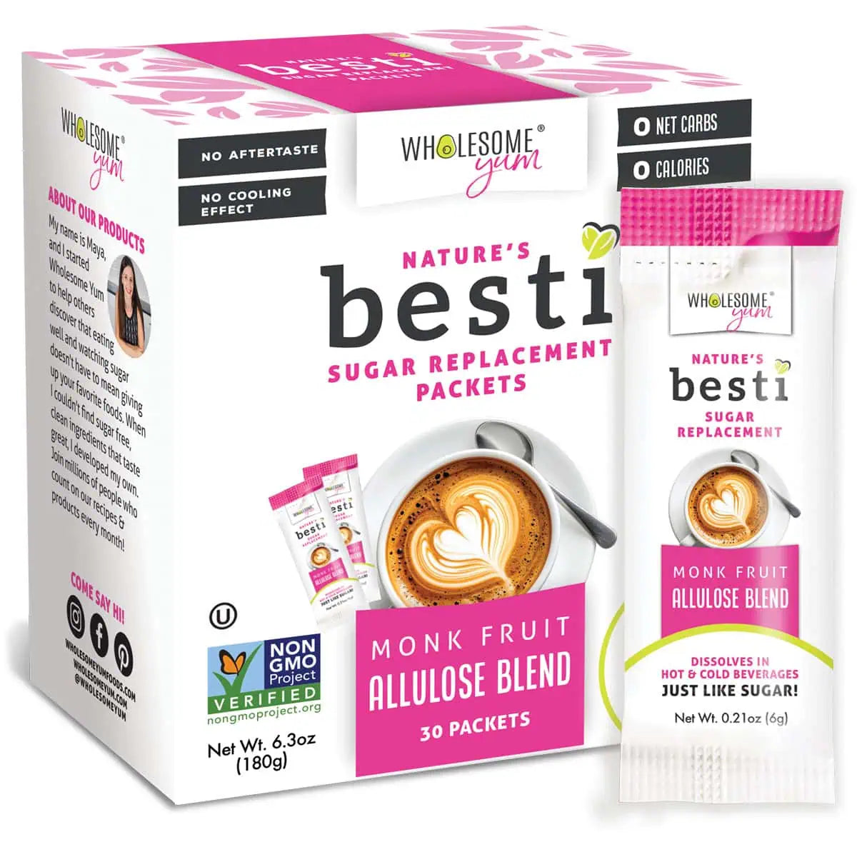 A box of Wholesome Yum's Nature's Besti sugar replacement packets features a coffee cup with latte art, highlighting the monk fruit allulose blend, and notes it dissolves in hot and cold beverages.