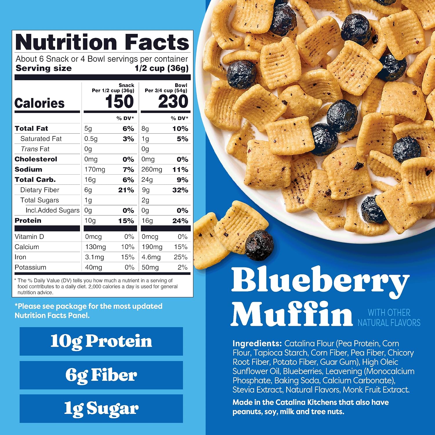 A bowl of crunchy, golden cereal pieces mixed with blueberries sits on a blue background, accompanied by a nutrition facts panel detailing ingredients and nutritional information.