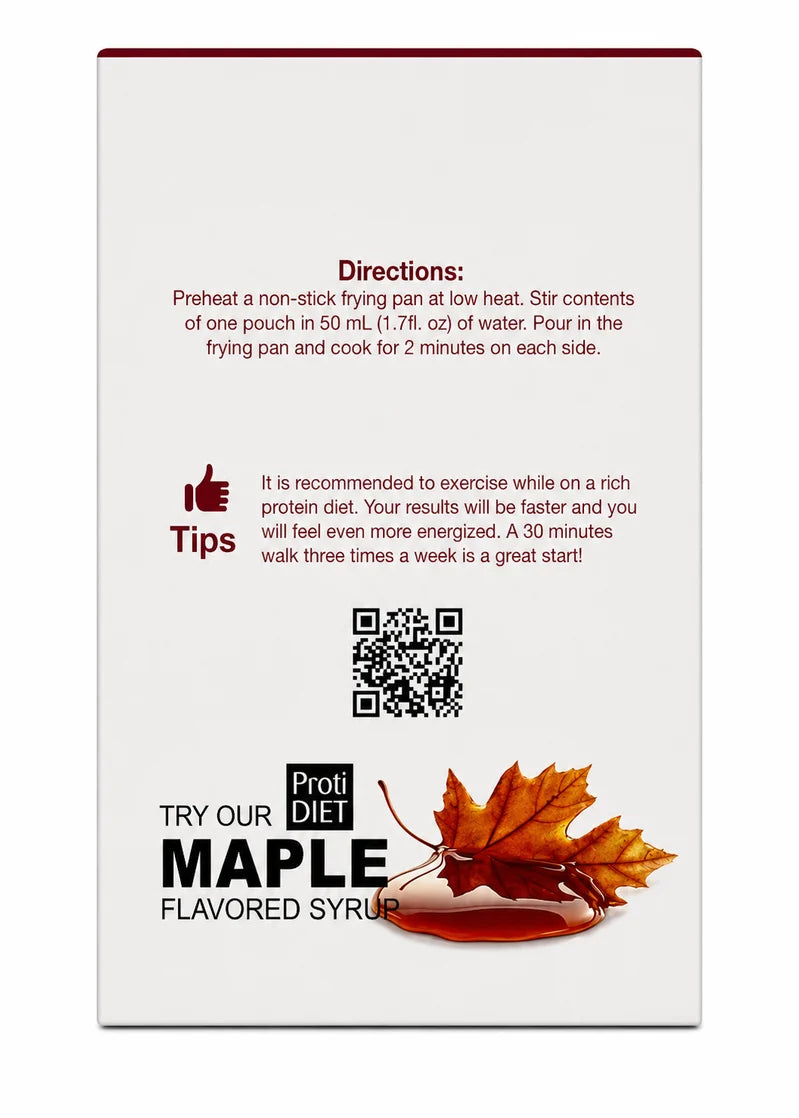 A packaging design for ProtiDiet Maple Flavored Syrup includes cooking directions, tips for a protein diet, and a QR code, with a graphic of maple leaves and syrup.